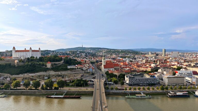 a view of a city with a bridge over a river